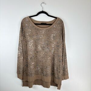Jane Delancey Womens Large Blouse Long Sleeve Leopard Brown Top SweatShirt
